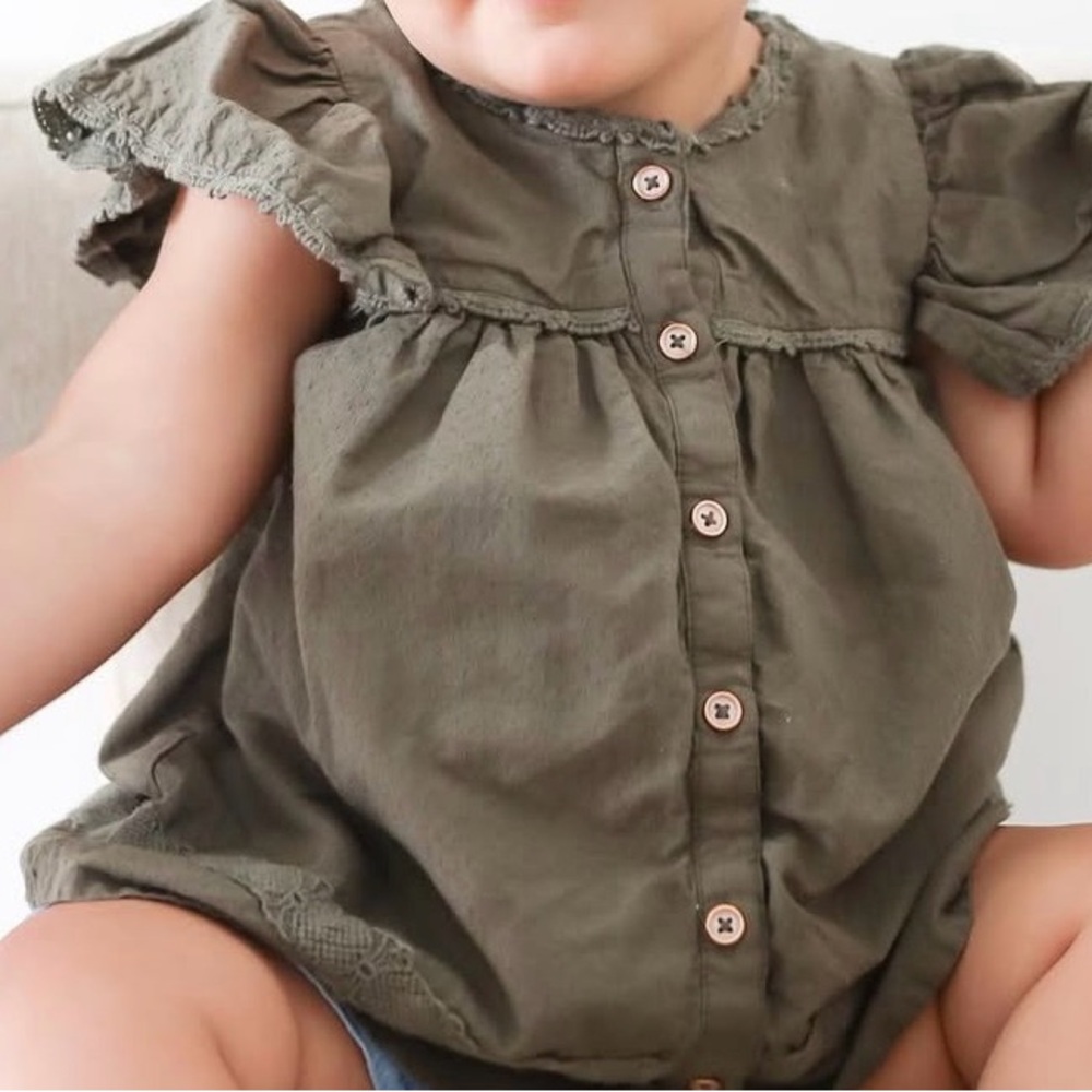 Green Button-Down shirt with Lace Trim